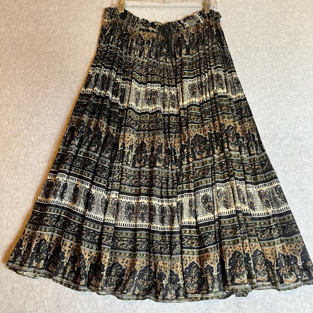 Huntington Ridge Womens Print Broomstick Crinkle Cotton Midi Skirt Boho Large
